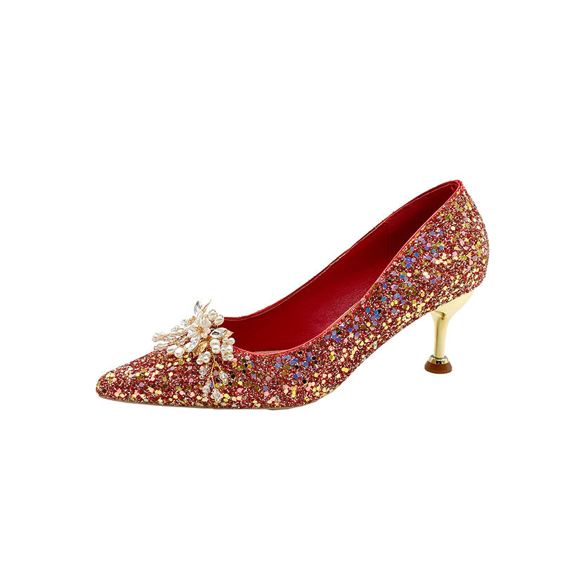 Pointed toe red rhinestone heels