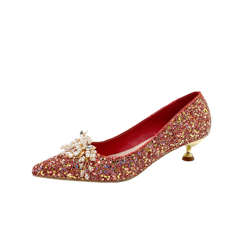 Pointed toe red rhinestone heels