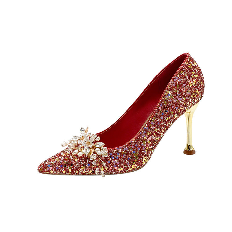 Pointed toe red rhinestone heels