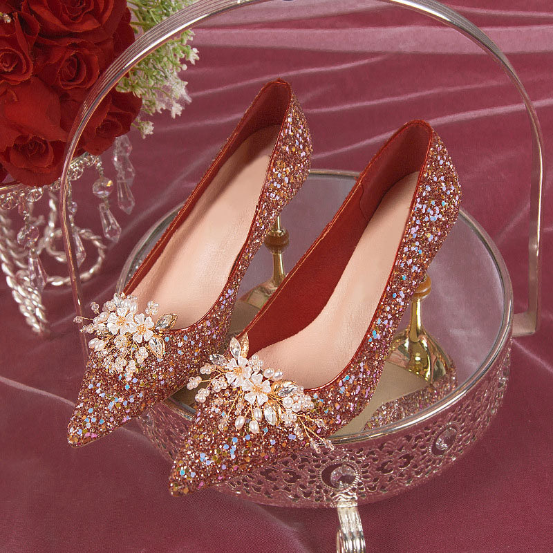 Pointed toe red rhinestone heels