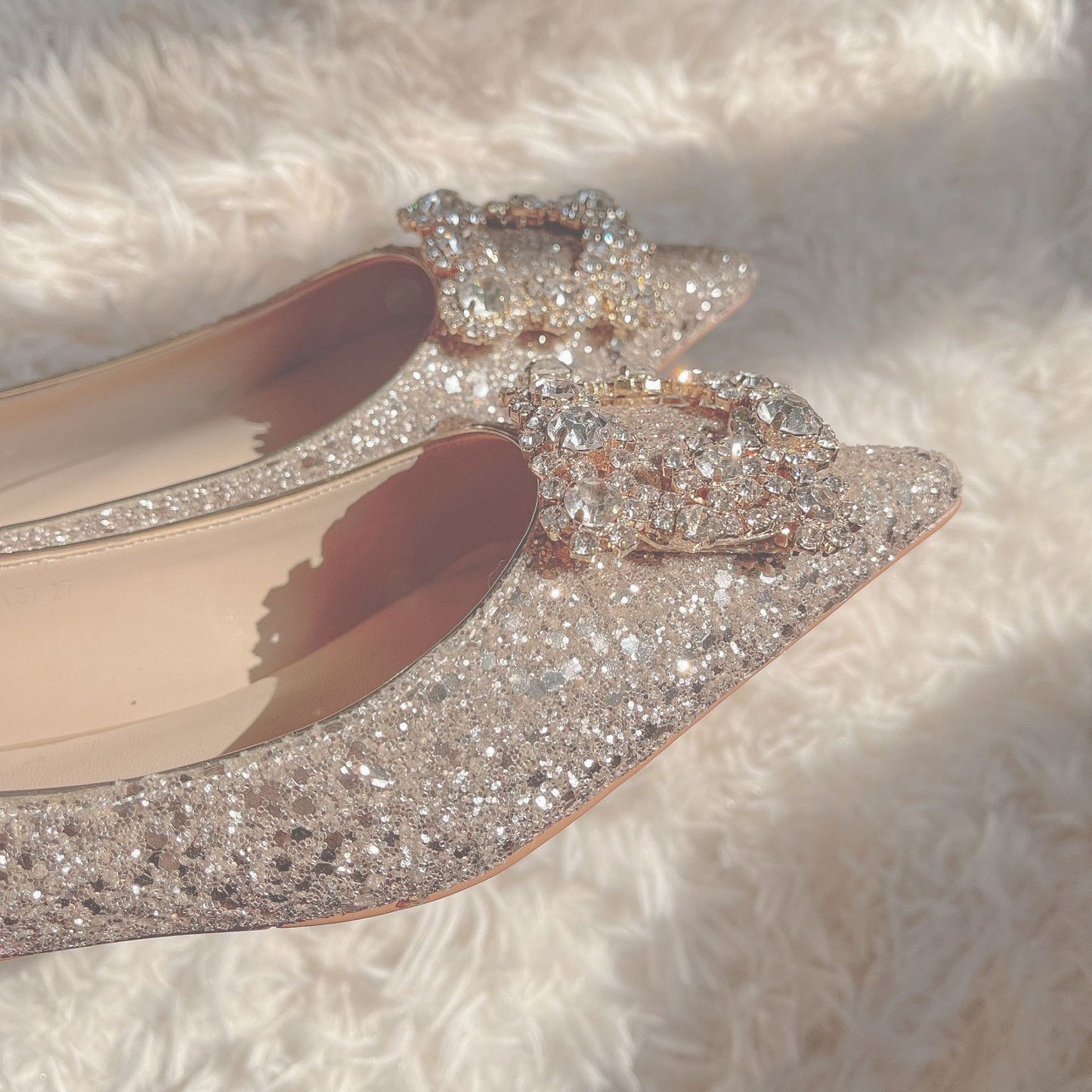 Crystal shiny low heel wedding shoes