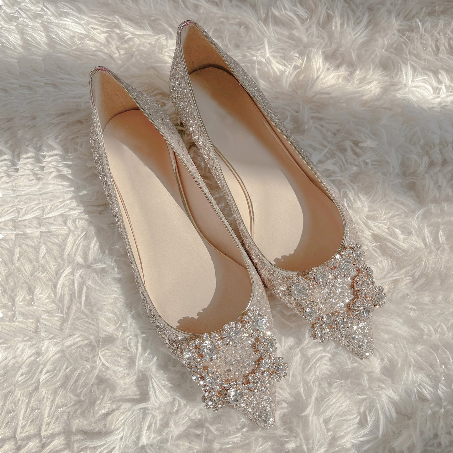 Crystal shiny low heel wedding shoes