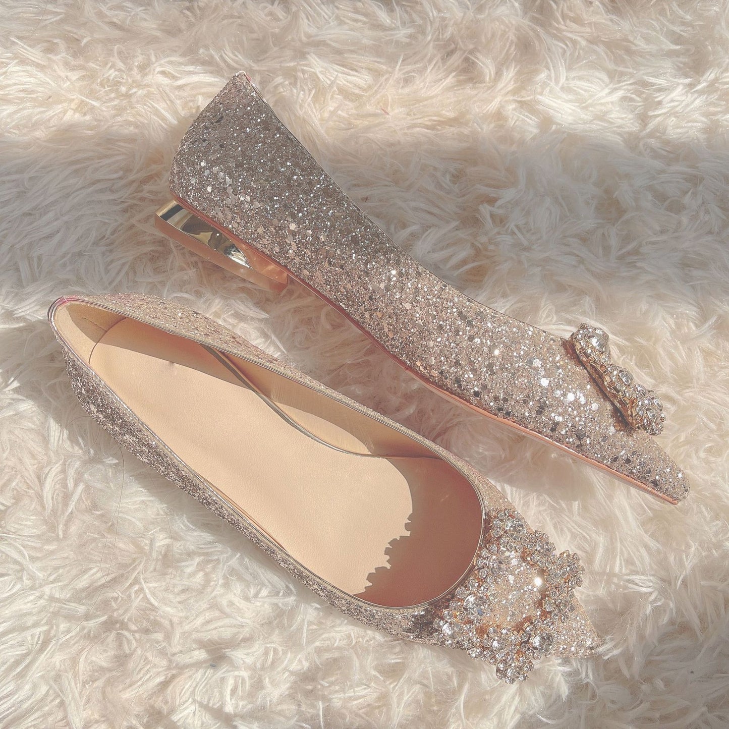 Crystal shiny low heel wedding shoes