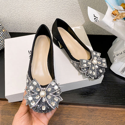 Rhinestone pearl bow thick heel shoes