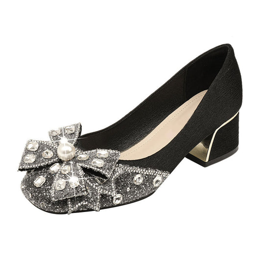 Rhinestone pearl bow thick heel shoes