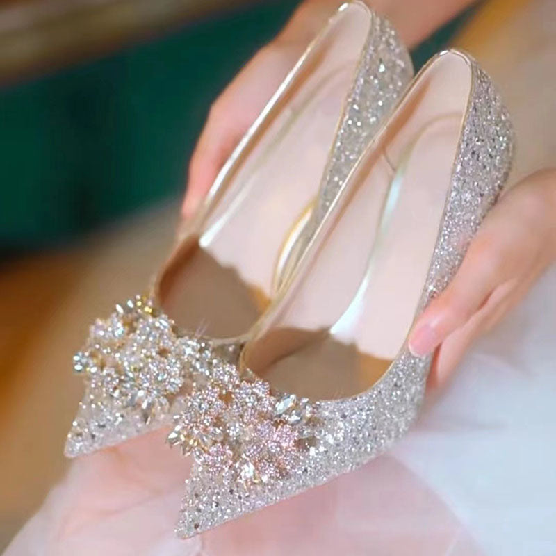 Crystal shiny low heel wedding shoes