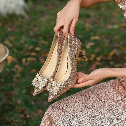 Crystal shiny low heel wedding shoes