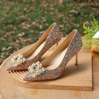 Crystal shiny low heel wedding shoes