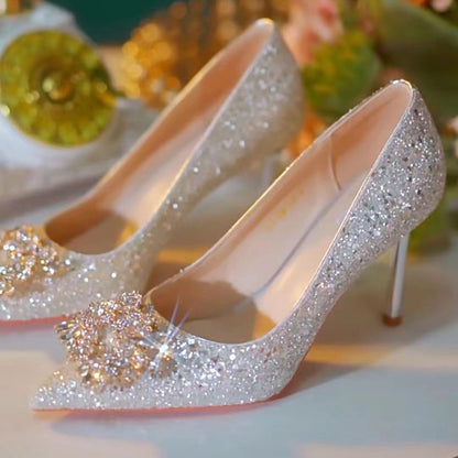 Crystal shiny low heel wedding shoes