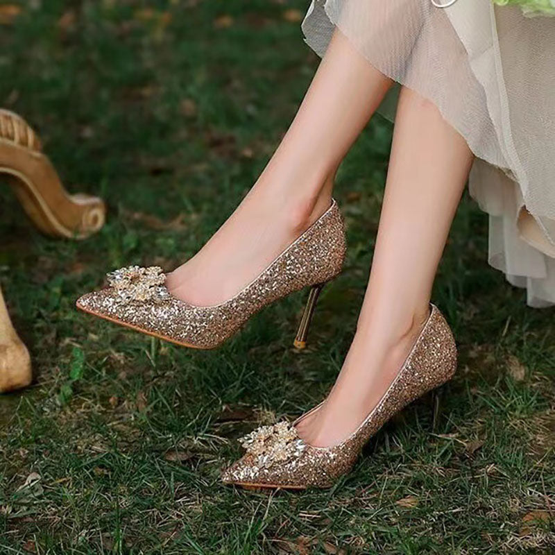 Crystal shiny low heel wedding shoes