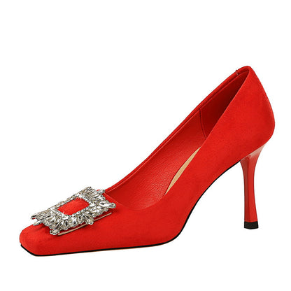 Shallow mouth square toe suede rhinestone shoes