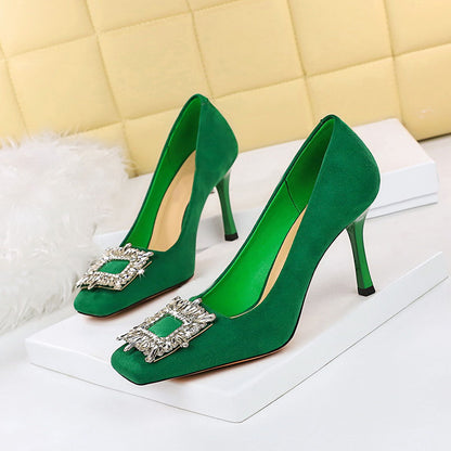 Shallow mouth square toe suede rhinestone shoes