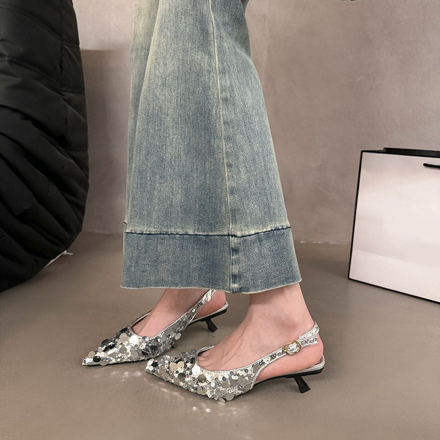 Pointed toe sequin silver cap-toe sandals