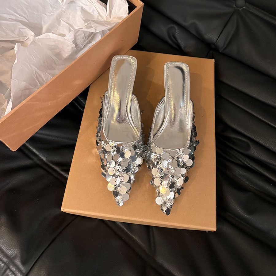 Pointed toe sequin silver cap-toe sandals