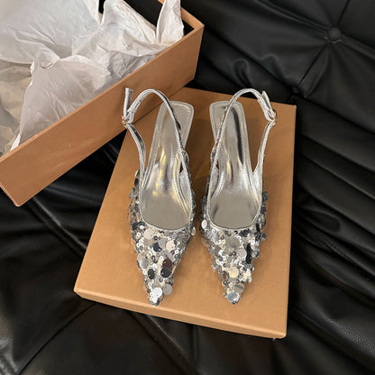 Pointed toe sequin silver cap-toe sandals