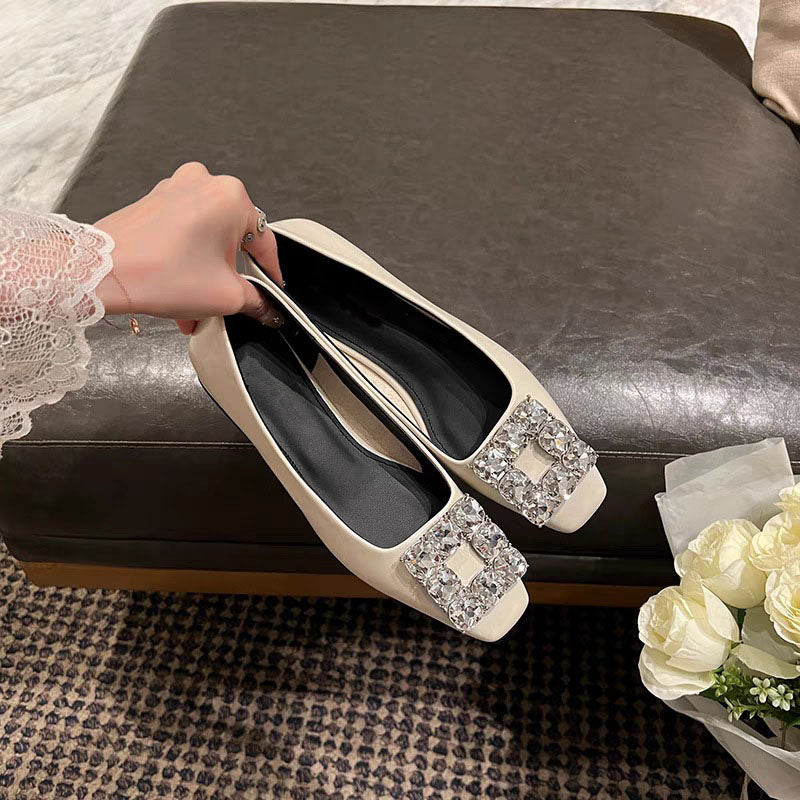 Square-toe rhinestone flat shoes