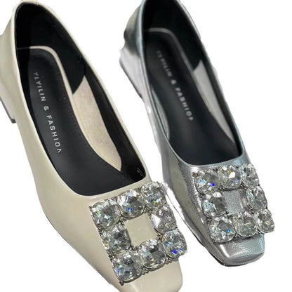 Square-toe rhinestone flat shoes