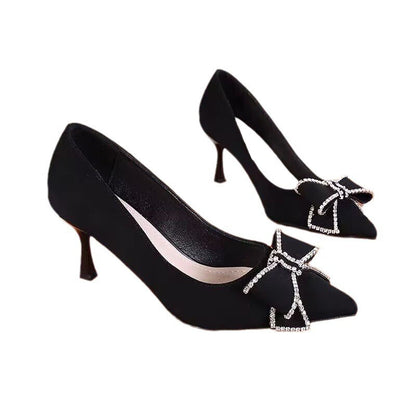 Stiletto pointed toe black bow shoes