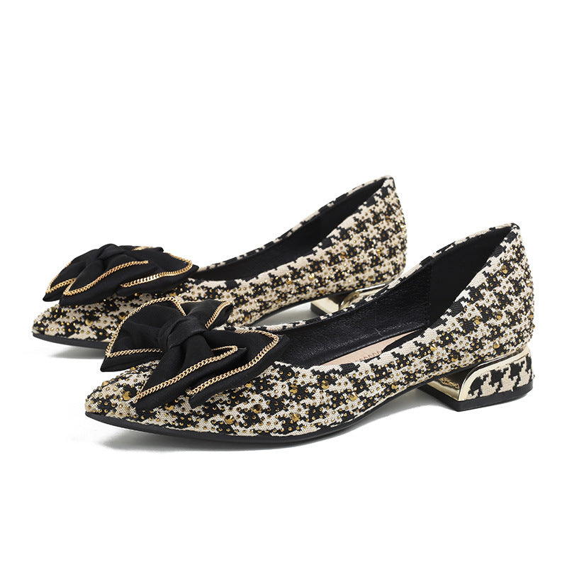 Pointed bow houndstooth shoes