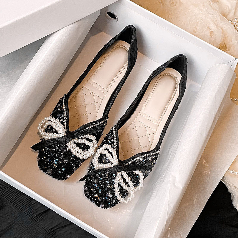 Square toe rhinestone pearl bow shoes