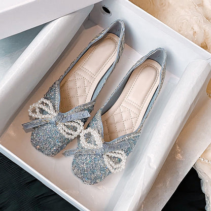 Square toe rhinestone pearl bow shoes