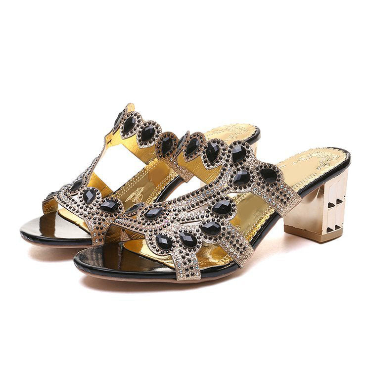 Round toe chunky heel rhinestone sandals