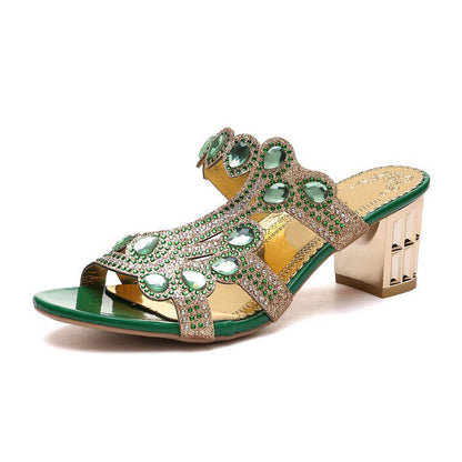 Round toe chunky heel rhinestone sandals