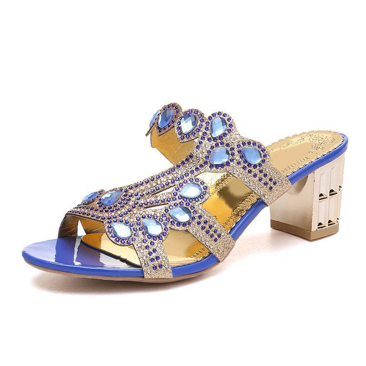 Round toe chunky heel rhinestone sandals