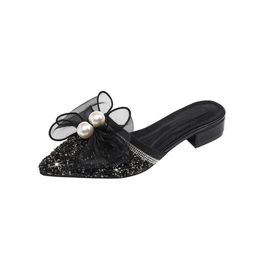 Pointed toe bow thick heel slippers