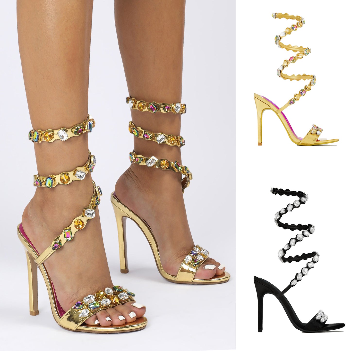 Satin and rhinestone high-heeled sandals