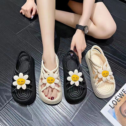 Floral platform braided sandals