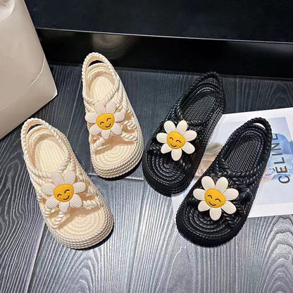 Floral platform braided sandals