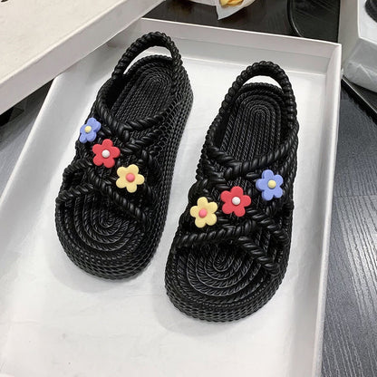 Floral platform braided sandals