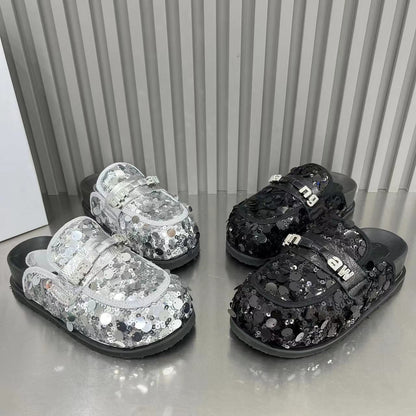 Stylish sequined rhinestone platform slippers