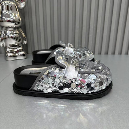 Stylish sequined rhinestone platform slippers