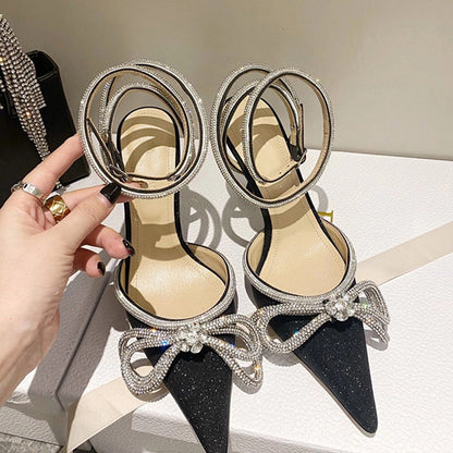 Pointed toe double bow stiletto heel sandals