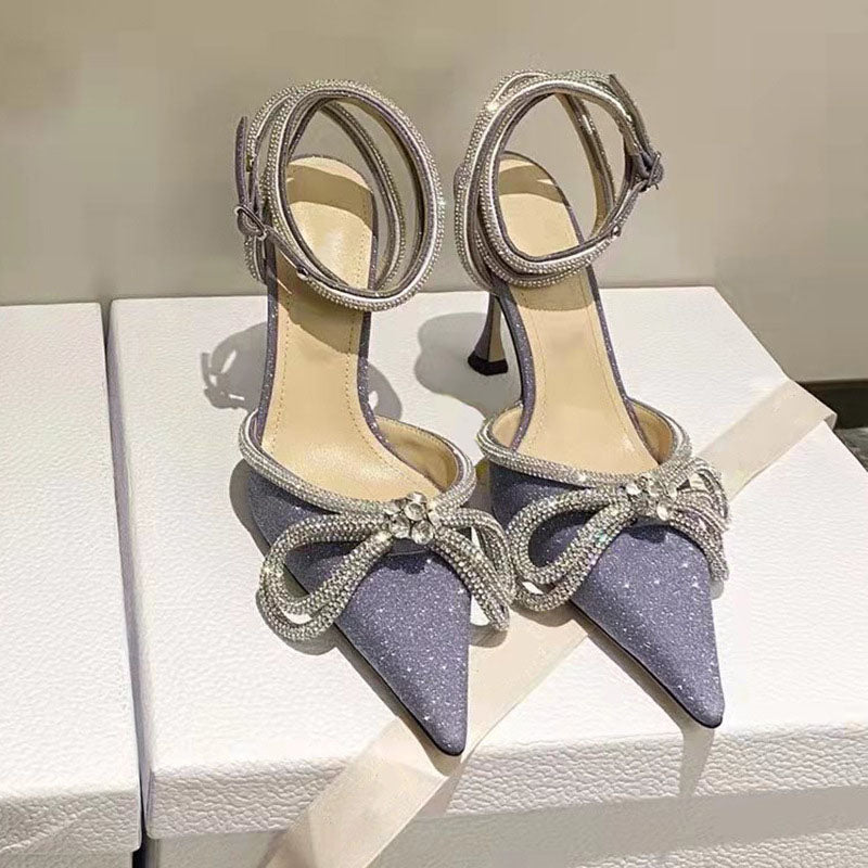 Pointed toe double bow stiletto heel sandals