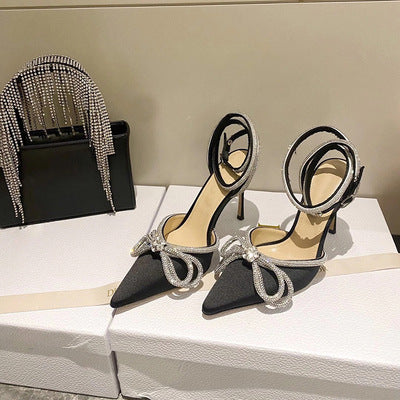 Pointed toe double bow stiletto heel sandals