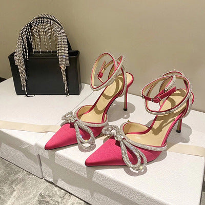 Pointed toe double bow stiletto heel sandals