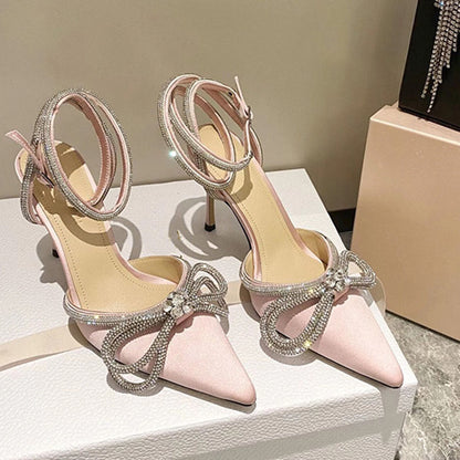 Pointed toe double bow stiletto heel sandals