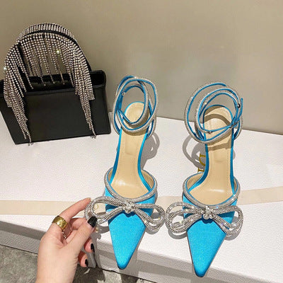 Pointed toe double bow stiletto heel sandals