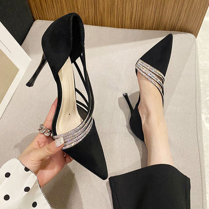 Pointed toe rhinestone hollow stiletto sandals