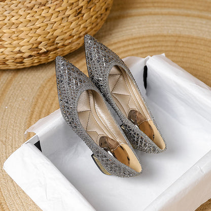 Pointed toe glittering rhinestone block heel shoes