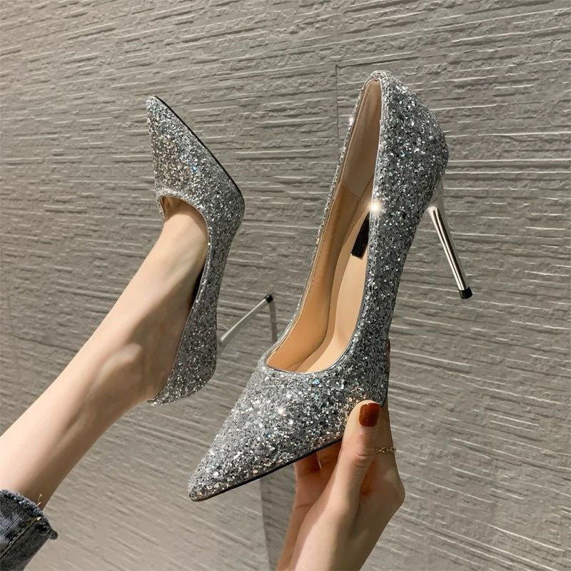 Pointed toe shiny stiletto sandals