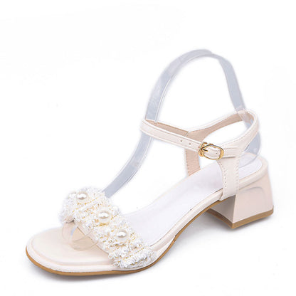 Square toe pearl chunky heel sandals