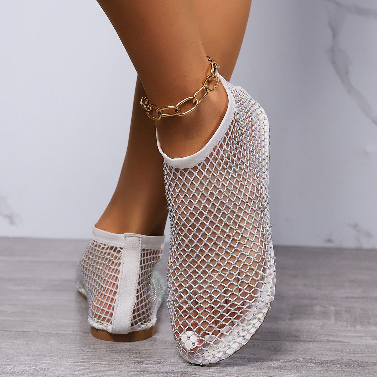 Fishnet stockings hollow low heel flat sandals