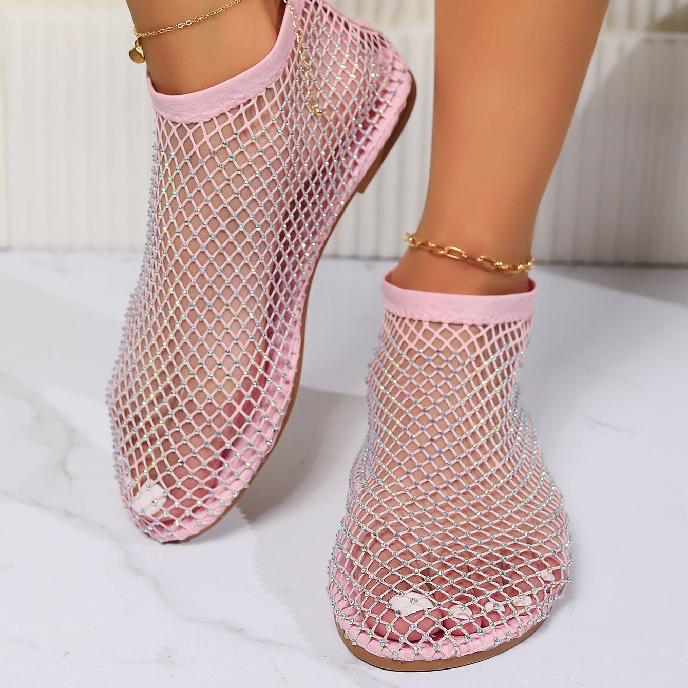 Fishnet stockings hollow low heel flat sandals