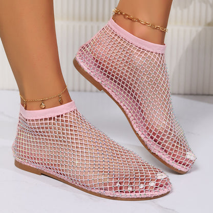 Fishnet stockings hollow low heel flat sandals