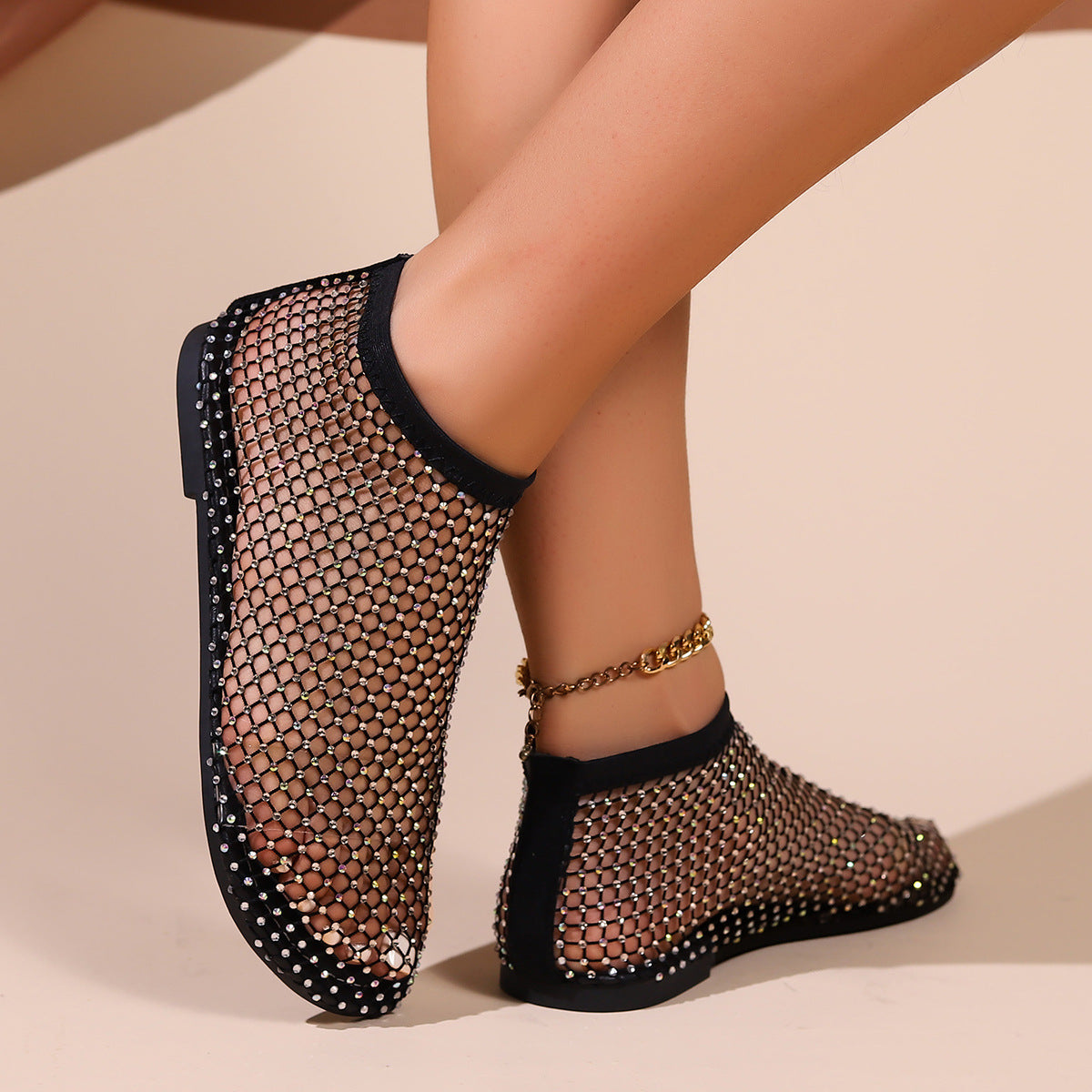 Fishnet stockings hollow low heel flat sandals