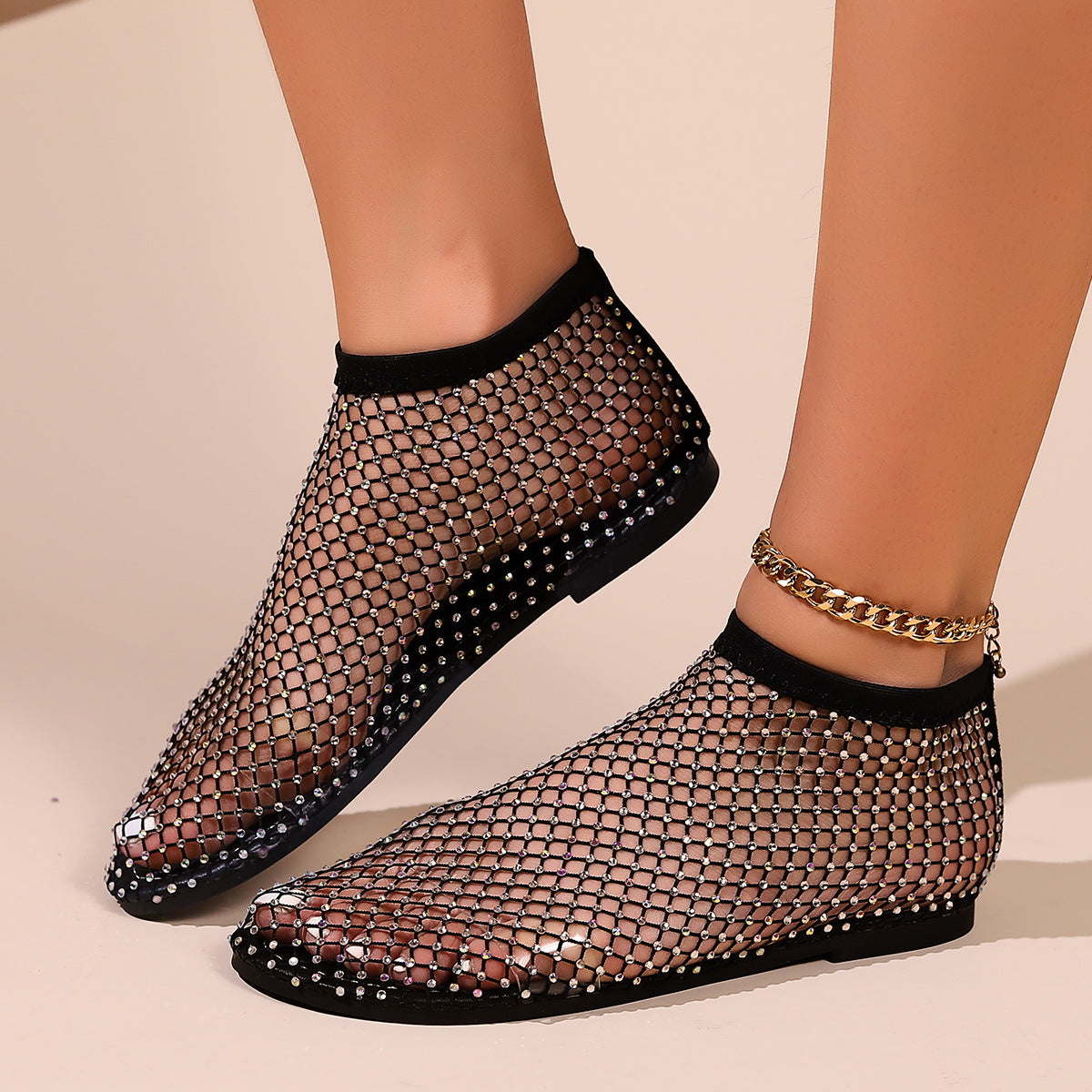 Fishnet stockings hollow low heel flat sandals